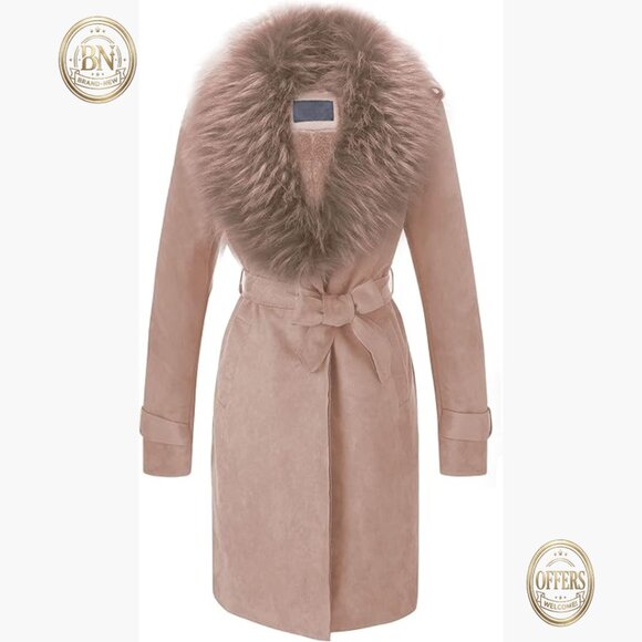 Faux Leather Trench Coat with Fleece Lining and Detachable Fur Collar